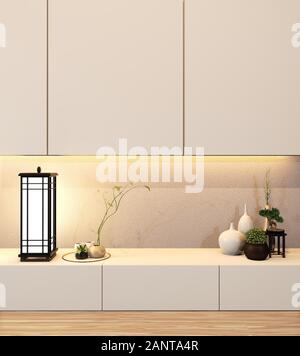 Design Schrank Regal Holz im japanischen Stil auf leeren Raum minimal. 3D-Rendering Stockfoto