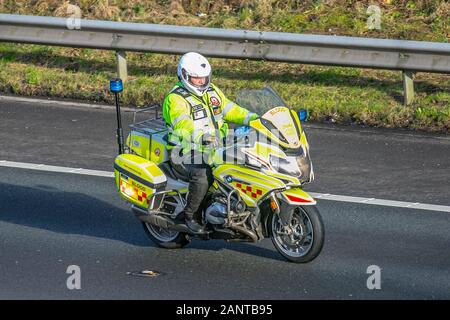 NW Blood Bikes Rapid response Medical Transport Service, NHS Emergency Motorcycle, Riders Volunteers Lancs and Lakes at Leyland, UK. North West Blood Bikes, Kurier dringend und Notfall medizinische Gegenstände in Lancashire Stockfoto