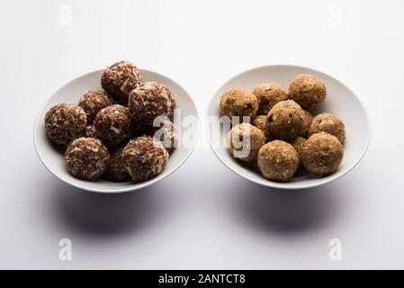 Gruppe von Dink, Gond , aliv, Halim laddu, Laddoo, Ladu, Ladoo hergestellt mit Gartenkresse Samen und essbare Gummi, süße Nahrung Stockfoto