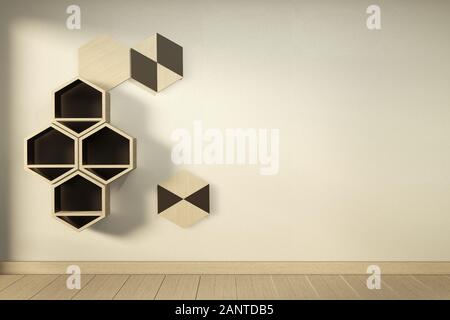 Hexagon Holzregal japanisches Design an der Wand. 3D-Rendering Stockfoto