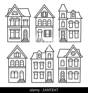 Alte Häuser im viktorianischen Stil, Vektor, Abbildung. Hand gezeichnet Architektur Contour Zeichnung für Malvorlagen. Stock Vektor