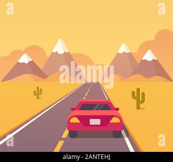 American Highway travel Vektor Illustration. Rotes Auto auf eine Reise durch die Wüste. Einfache flache Cartoon Stil Vector Illustration. Stock Vektor