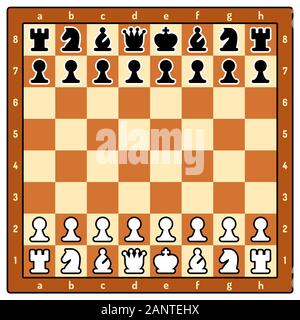 Schach Spiel Brett mit schwarzen und weißen Schachfiguren. Einfache stilisierte Figuren, Symbol Symbole gesetzt. Spiel app grafische Elemente der Benutzeroberfläche, Vektor illustratio Stock Vektor