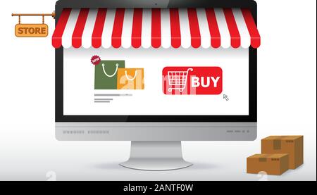 Online Shopping Store auf Computer Monitor. E-Commerce und Digital Marketing Konzept Vector Illustration. Stock Vektor