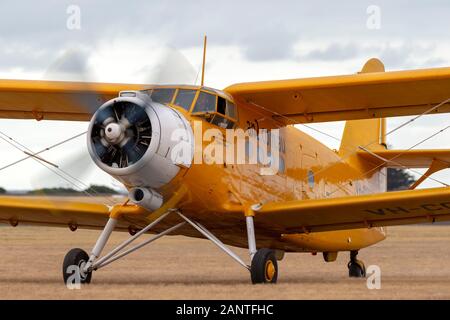 Doppeldecker Antonov AN-2 VH-CCE taxiÕs nach der Landung. Stockfoto