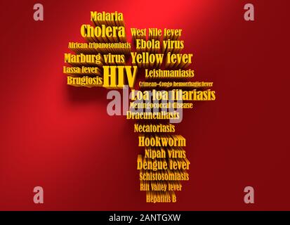 Afrikanischen Kontinent Krankheiten Liste Name. Medizinische Forschung Thema. Virus Epidemie aufmerksam zu machen. Viren sind die Spreads aus Afrika. 3D-Rendering Stockfoto