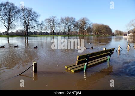 Eine Bank am Leinpfad in Datchet, Berkshire, die in der Flut, Wasser aus dem Fluss Themse abgedeckt ist. Stockfoto