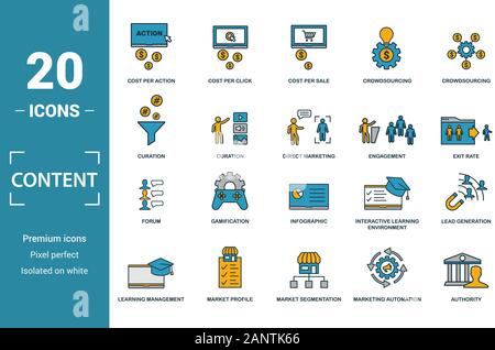 Symbol "Inhalt gesetzt. Kreative Elemente Kosten pro Klick, Crowdsourcing, kuration gehören, Exit, Gamification Symbole. Kann für den Bericht verwendet werden. Stock Vektor