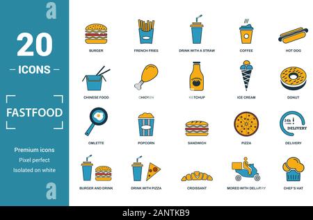 Fastfood Icon Set. Kreative Elemente Burger, trinken mit dem Strohhalm, Donuts, hühnerbein gehören, Lieferung Symbole. Kann für den Bericht verwendet, Präsentation. Stock Vektor