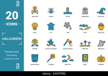 Halloween Icon Set. Gehören kreative Elemente Skelett, Sarg, Schädel, Fledermäuse und Vampire Symbole. Kann für Bericht, Präsentation, Grafik, Web Design Stock Vektor