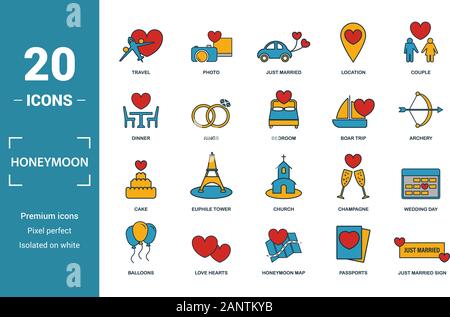 Hochzeitsreise Icon Set. Gehören kreative Elemente reisen, Just Married, Abendessen, Eber, Reise, Kuchen Symbole. Kann für Bericht, Präsentation, Diagramm verwendet werden, Web Stock Vektor