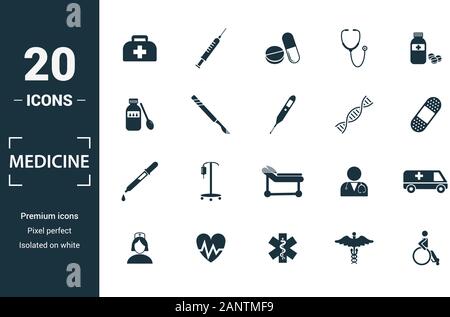 Medizin Icon Set. Kreative Elemente Arztkoffer, Pillen, Mischung, DNA, Pipette Symbole enthalten. Kann für Bericht, Präsentation, Diagramm verwendet werden, Web Stock Vektor