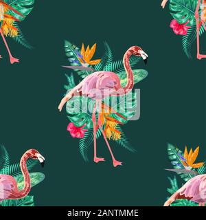 Rosa Flamingos, exotische Vögel, tropischen Palmen Blätter, Bäume, Dschungel Blätter nahtlose florale Muster Hintergrund Stock Vektor