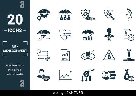 Risk Management Icon Set. Gehören kreative Elemente Risikomanagement, Risikokapital, risk Plan, Projektleiter, Projekt timeline Symbole. Kann verwendet werden für Stock Vektor