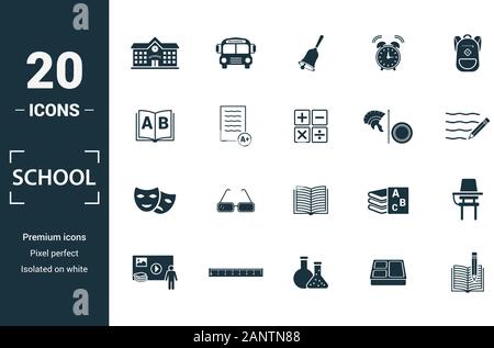 Schule Icon Set. Kreative Elemente der Schule, Bell, Alphabet, Geschichte, Kunst, Symbole. Kann für Bericht, Präsentation, Grafik, Web Design Stock Vektor