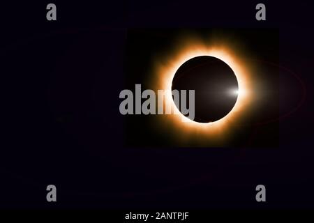 Totale Sonnenfinsternis, natürliches Phänomen, wenn der Mond zwischen Erde und Sonne kosmischen Hintergrund mit Kopie Raum geht Stockfoto