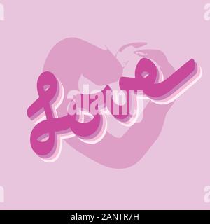 Liebe Wort text auf einfache rosa Herz auf pastellfarbenen Hintergrund. Happy Valentines Tag Grußkarte. Liebe Konzept. Moderne Hand Vector Illustration gezeichnet Stock Vektor