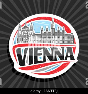 Vektor logo für Wien, weiß Dekorative runde Aufkleber mit zeichnen Abbildung der berühmten Wiener Rathaus und Kirche Maria vom Siege am Tag sky backgro Stock Vektor