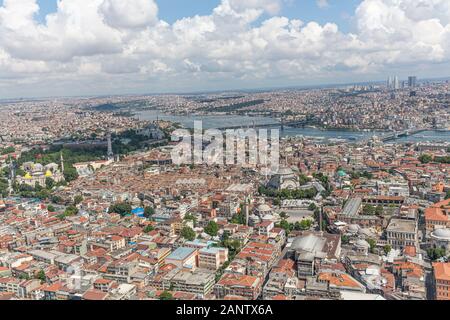Luftbild von Istanbul, Sultanahmet Platz, Cemberlitas, Grand Bazaar, Beyazit Platz, Blick vom Hubschrauber aus. Stockfoto