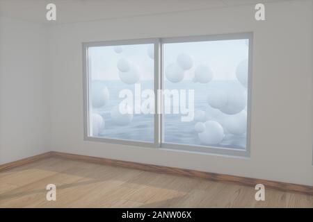 Kugeln auf dem Meer schwimmende, leeren Raum, abstrakten Konzeption, 3D-Rendering. Computer digitale Zeichnung. Stockfoto