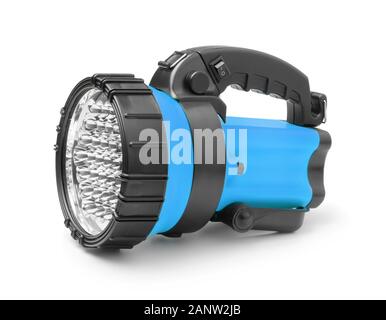 Kunststoff LED-Taschenlampe auf weißem Hintergrund. Stockfoto