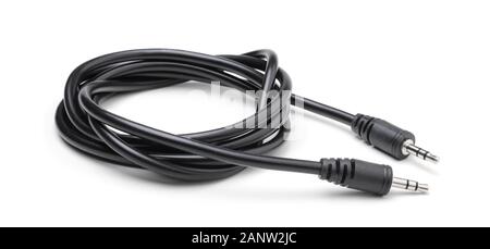 Rolle schwarz Elektrische Kabel auf weißem Hintergrund. Buchse 3,5 mm, Seitenansicht. Stockfoto