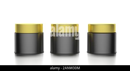 Creme Kosmetik container Vorlage. Gläser Farbe schwarz mit gold Deckel vor weißem Hintergrund geschlossen. Face Cream, Feuchtigkeitscreme, körpercreme Topf m Stockfoto