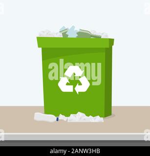 Behälter mit Abfällen. Recycling und Sortieren von Müll. Grün Papierkorb mit Recycling Symbol. Bin voll der Müll. Vector Illustration Stock Vektor