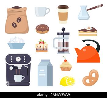 Kaffee oder Tee, der Elemente gesetzt. Frühstück mit Kaffee und Kuchen. Kaffeemaschine, Tasse, Kuchen, Milch, Zucker, Teekanne, Wasserkocher, Zitrone Vector Illustration Stock Vektor