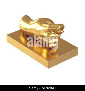 Eine goldene Figur in Form einer Hand mit einem mit dem Daumen zwischen dem Index und dem Nahen auf weißem Hintergrund geklebt. 3D-Rendering Stockfoto