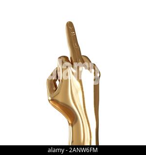 Eine goldene Hand mit einem auferweckt Mittelfinger auf weißem Hintergrund. 3D-Rendering Stockfoto
