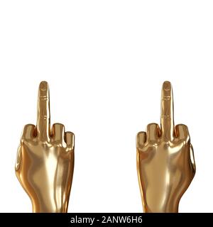 Zwei goldene Hände mit einem auferweckt Mittelfinger gegen einen weißen Hintergrund. 3D-Rendering Stockfoto