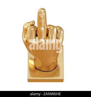 Einen goldenen Abbildung der Hand mit dem Mittelfinger bis auf weißem Hintergrund. 3D-Rendering Stockfoto