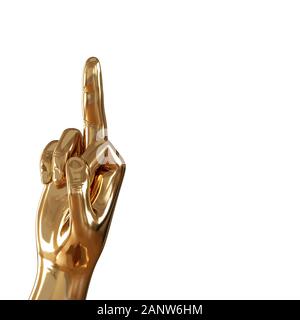 Eine goldene Hand mit einem auferweckt Mittelfinger auf weißem Hintergrund. 3D-Rendering Stockfoto