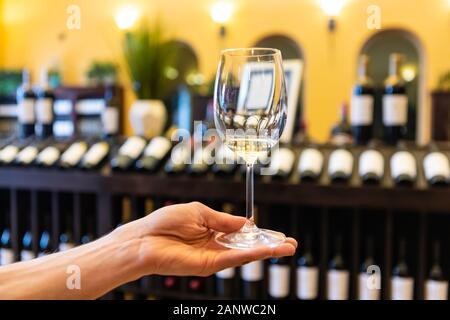 Ein Glas Weisswein auf einer Hand in selektiven Fokus Nahaufnahme gegen Wein Flaschen auf hölzernen Regalen, Weinproben weine Anzeige Hintergrund Stockfoto