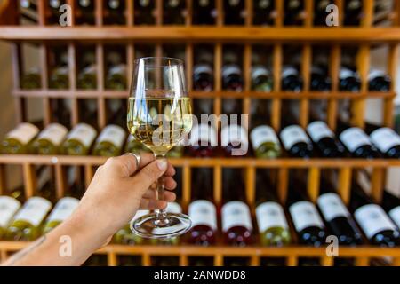 Hand mit einem Glas Weißwein selektiven Fokus, Weinproben weine Flaschen Anzeige auf hölzernen Regale Regale Hintergrund, Wein Shop Interior Stockfoto