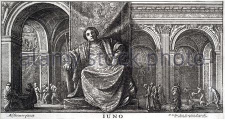 Juno war eine antike römische Göttin, den Schutz und Beistand des Staates. Eine Tochter des Saturn, sie ist die Frau von Jupiter und die Mutter des Mars, Vulcan, Bellona und Juventas, ihr heiliges Tier war der Pfau. Radierung von Böhmische Kupferstecher Wenzel Hollar aus 1600s Stockfoto