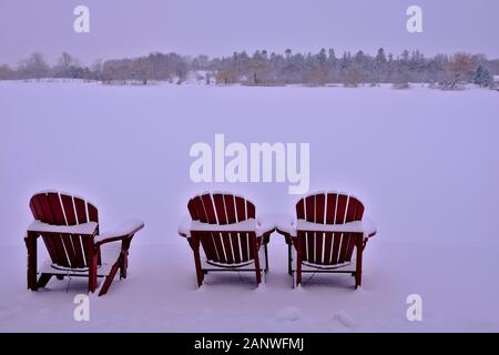 Drei rote, schneebedeckte Liegestühle neben einem gefrorenen Dow's Lake. Bevor der Schnee für eine Schlittschuhbahn freigemacht wird. Ottawa, Ontario, Kanada. Stockfoto