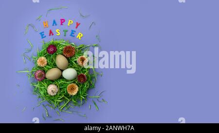 Ostern Zusammensetzung mit Nest, Eier und bunte Buchstaben auf Violett Hintergrund. Text Frohe Ostern. Stockfoto