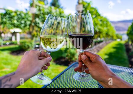 Mann und Frau Hände jubelnd Weingläser, wie sie gegen Landschaften des Okanagan Valley Weingärten sitzen Weinreben, British Columbia, BC Kanada Stockfoto