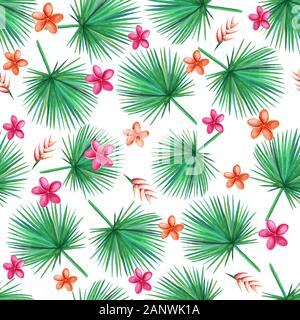 Aquarell grün Palm Blätter auf einem weißen Hintergrund. Orchidee, Plumeria, Heliconia Blumen. Nahtlose Muster. Abbildung. Stockfoto