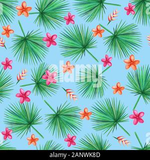 Aquarell grün Palm Blätter auf einem blauen Hintergrund. Orchidee, Plumeria, Heliconia Blumen. Nahtlose Muster. Abbildung. Stockfoto