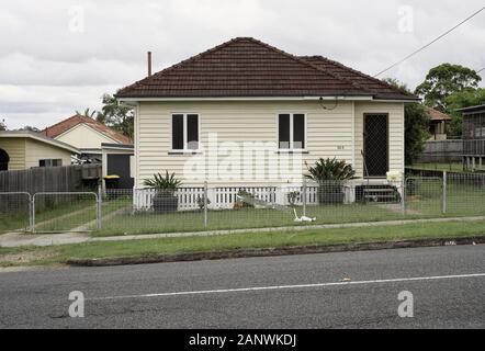 Nachkriegs-Vorstadthaus, A Box on a Block in Brisbane, Cannon Hill. Graswanderweg, grasbewachsener Vorgarten, keine Bäume, die Blätter in die Gosse fallen lassen. Stockfoto