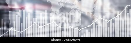 Double Exposure globalen Weltkarte auf Unternehmen finanzielle Börsenhandel Hintergrund Stockfoto