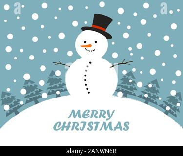Auf verschneiter Landschaft in der Weihnachtsnacht Schneemann. Weihnachten Schneemann. Vector Illustration. Stock Vektor