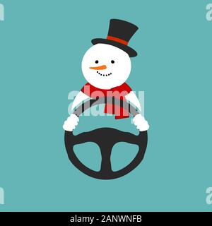 Schneemann mit Lenkrad und roten Schal. Schneemann Sie das Lenkrad des Autos. Vector Illustration. Weihnachten Symbol. Stock Vektor
