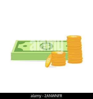 Geld Symbol in Flat Style isoliert. Dollar Symbol. Haufen Geld und Münzen. Vector Illustration. Stock Vektor