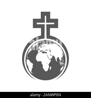 Christian Kreuz steht auf der Welt. Globus Erde in der Umarmung des christlichen Kreuzes. Vector Illustration Stock Vektor