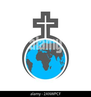 Christian Kreuz steht auf der Welt. Globus Erde in der Umarmung des christlichen Kreuzes. Vector Illustration Stock Vektor