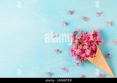 Eis mit Spring Blossom Pink Cherry oder sakura Blumen auf blauem Hintergrund mit kopieren. Minimale Feder Konzept. Flach. top View Stockfoto